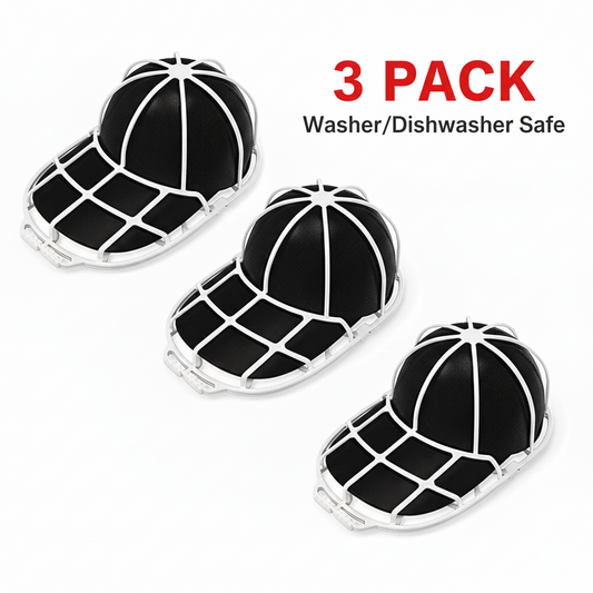 Three black and white cap-shaped objects with a '3 Pack' label and 'Washer/Dishwasher Safe' text on a white background.