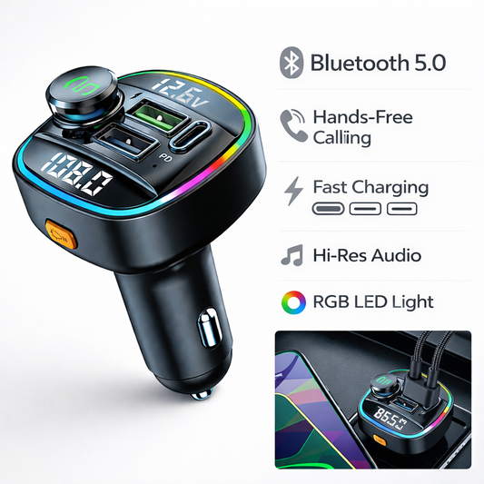 Bluetooth 5.0 Car FM Transmitter Adapter Hands-Free Dual USB Charger AUX Audio