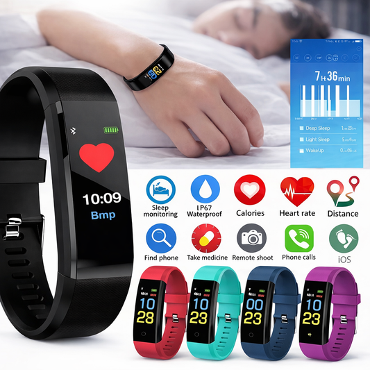 Smartwatch with various colored bands and app icons on a white background