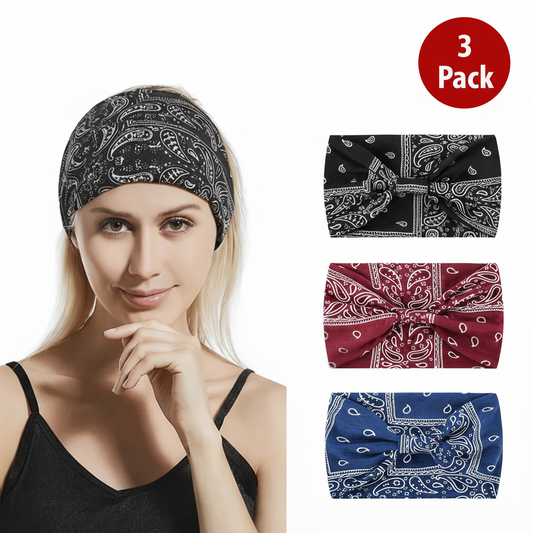 Woman wearing a black bandana headband with additional bandana designs displayed.