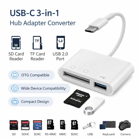 USB-C 3-in-1 Hub Adapter Converter with features listed on a white background