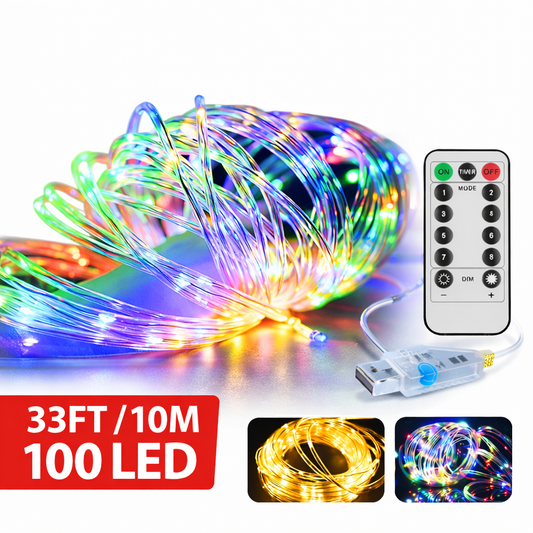 33FT 100 LED Strip Rope Light Tube String Outdoor Garden Party Decoration Lights