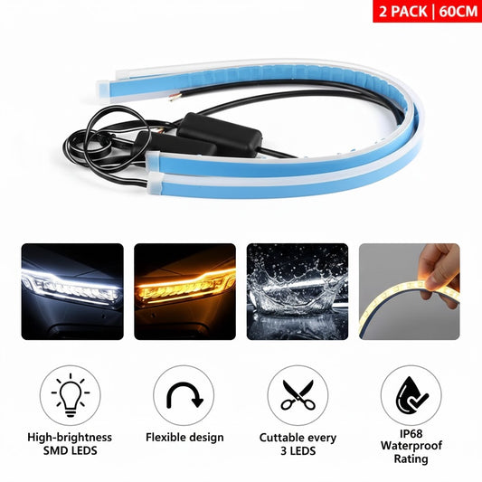 Car LED strip light with features and uses displayed on a white background