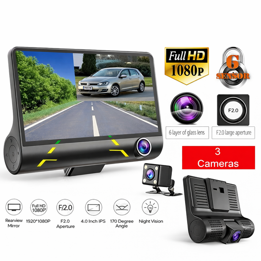 Car dashboard camera with multiple features highlighted on a white background