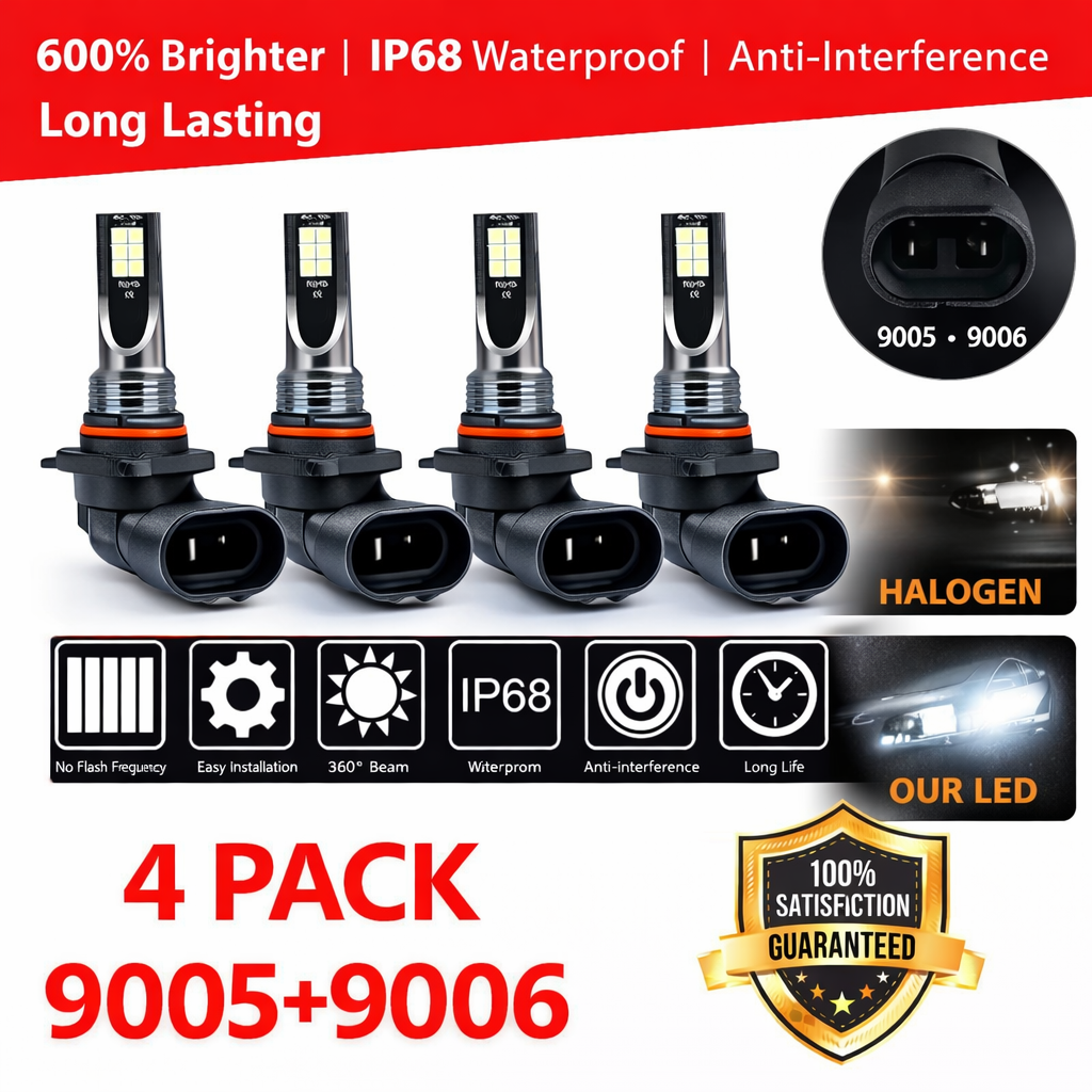 9005 9006 LED Headlights Kit Combo Bulbs 8000K High Low Beam Super White Bright