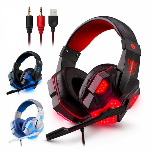 Gaming headset with red LED lights, USB cable, and additional headphones on a white background