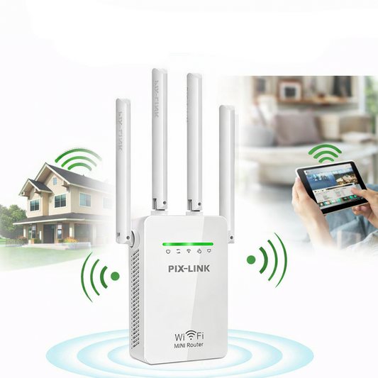 WiFi Extender with antennas and a blurred living room background