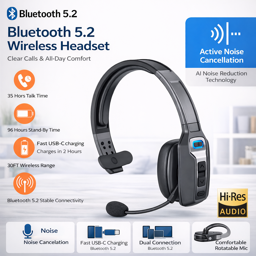 Trucker Wireless Bluetooth 5.2 Headset with Noise Cancelling Mic for Phones PC