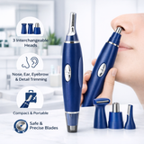Blue electric trimmer with interchangeable heads for nose, ear, eyebrow, and detail trimming on a blurred indoor background.