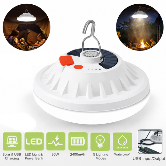 Solar-powered LED light with hook feature on a white background