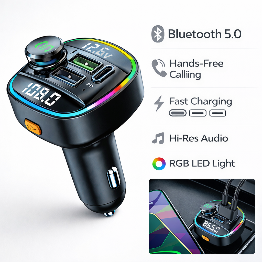 Bluetooth 5.0 Car FM Transmitter Adapter Hands-Free Dual USB Charger AUX Audio