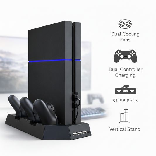 Black gaming console with vertical stand, dual cooling fans, and controller charging features on a white background.