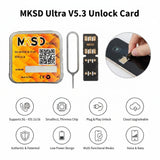 MKSD Ultra V5.3 Unlock Card with packaging, card, and installation illustration on a white background.