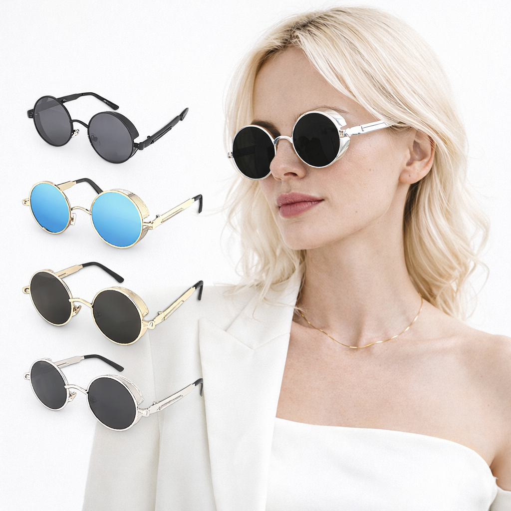 Woman wearing round sunglasses with four different colored lenses displayed above her.