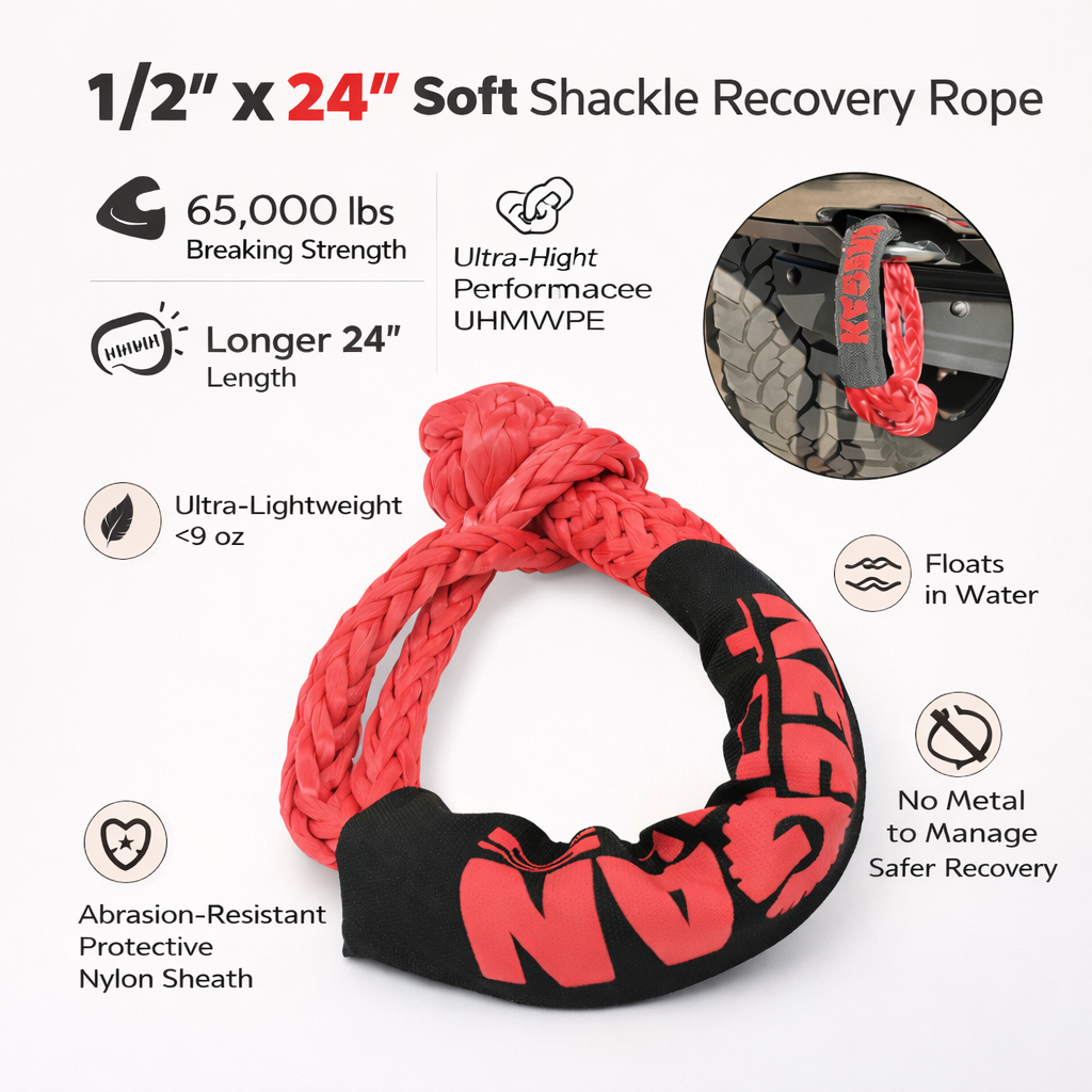 65,000LBS Heavy Duty Soft Shackle Recovery Rope 1/2" x 24" For SUV Winch Snatch (Copy)