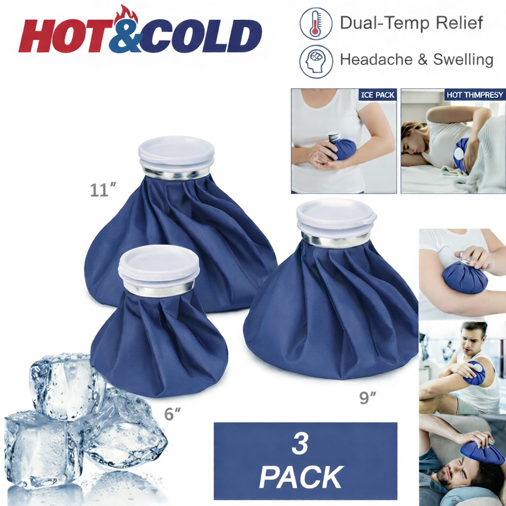 Blue ice pack with packaging and usage examples on a white background