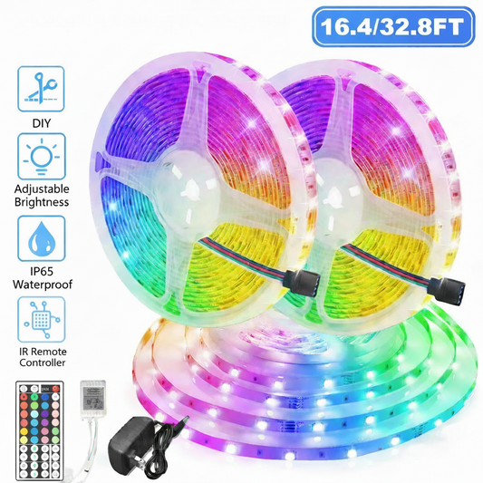 RGB LED strip lights with remote control on a white background