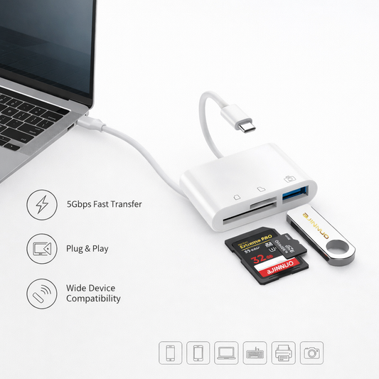 Multi-device USB hub connected to a laptop with various connectors on a white background