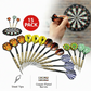 15-pack of darts with colorful flights, hand holding a dart, and dartboard in the background.