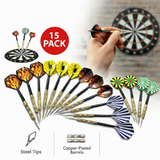 15-pack of darts with colorful flights, hand holding a dart, and dartboard in the background.