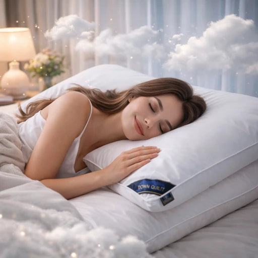 Woman sleeping on a white pillow with 'Downy' branding in a bedroom setting.