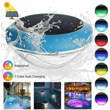 Solar pool light with water splash effect and color-changing options on a white background