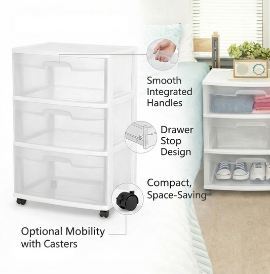 3 Drawer Wide Storage Cart Organizer Clear Plastic Drawers Home Cabinet