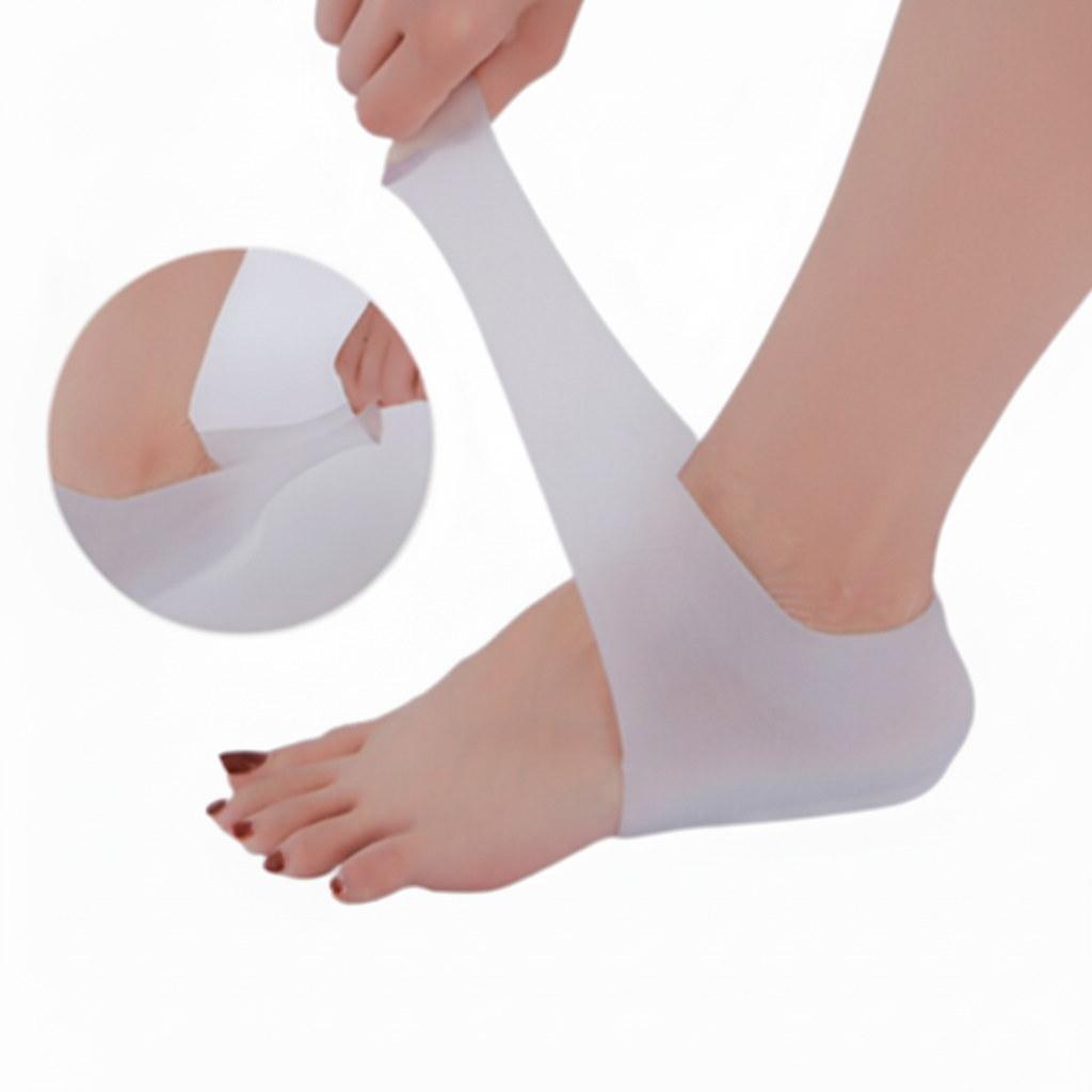 White compression sock being worn on a foot with a close-up inset showing the texture.