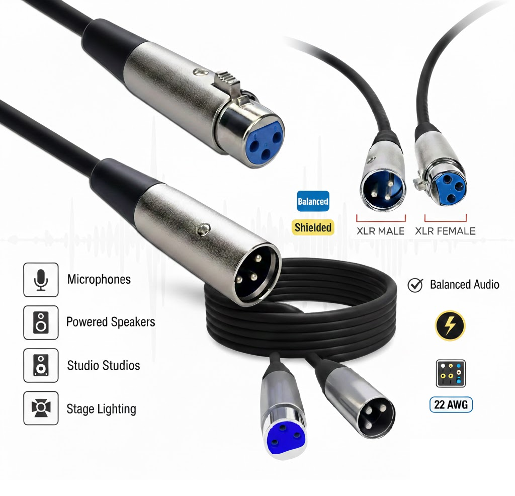 XLR audio cable with connectors on a white background