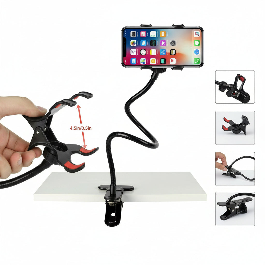 Multi-functional phone holder with flexible arm and clamp, displaying smartphone on white background.