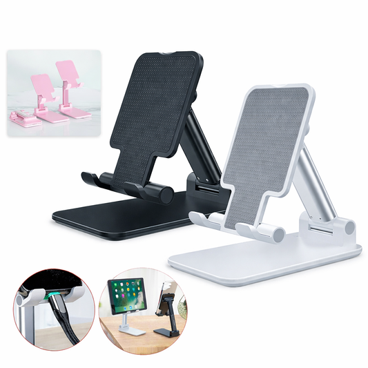 Two adjustable phone stands, one black and one white, on a white background.