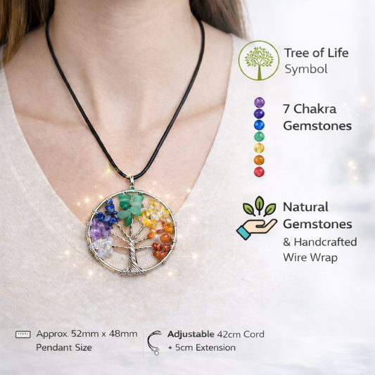 Tree of Life Pendant Necklace 7 Chakra Natural Gemstone Crystal Healing Stones