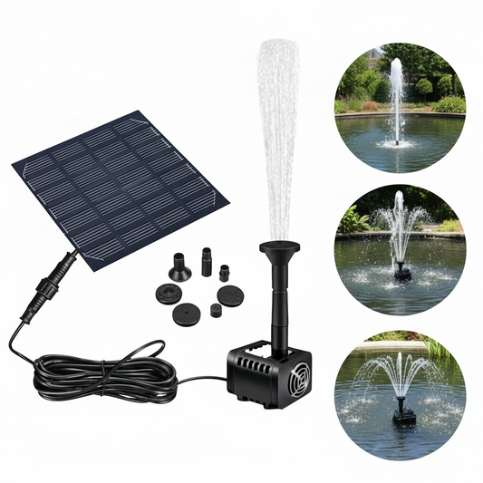 1.2W Solar Powered Water Fountain Pump with solar panel and components, shown with water fountain images.