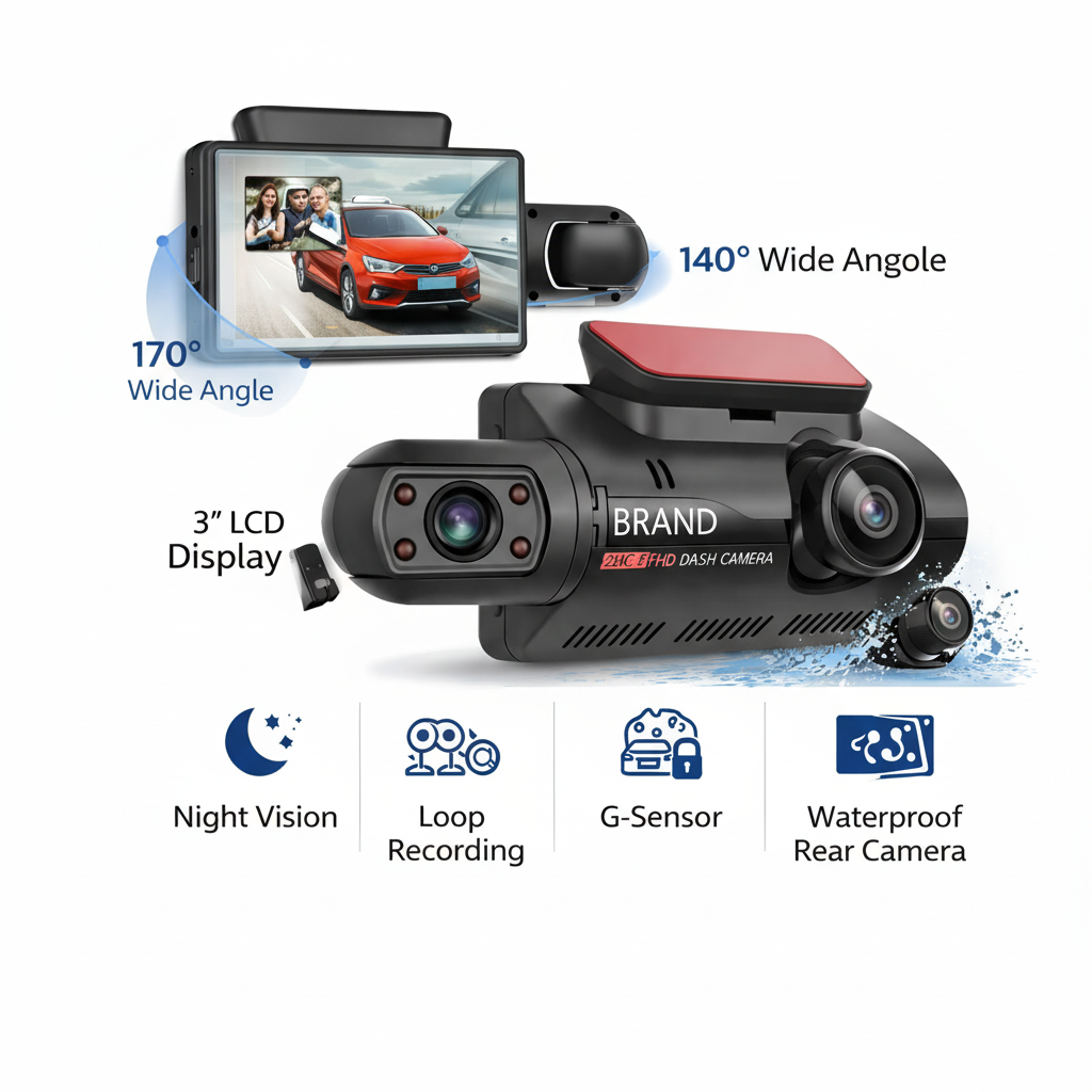 Car dashboard camera with features highlighted on a white background