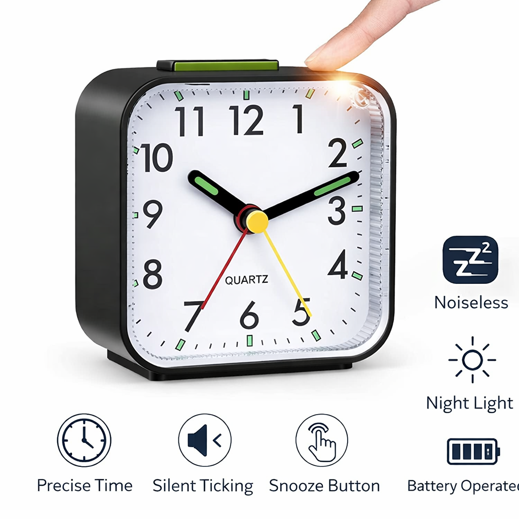 LED Desk Alarm Clock Battery Powered Quiet Non‑Ticking Nightlight Snooze for Bedroom