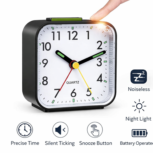 LED Desk Alarm Clock Battery Powered Quiet Non‑Ticking Nightlight Snooze for Bedroom
