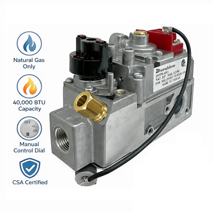 Gas valve with features highlighted on a white background