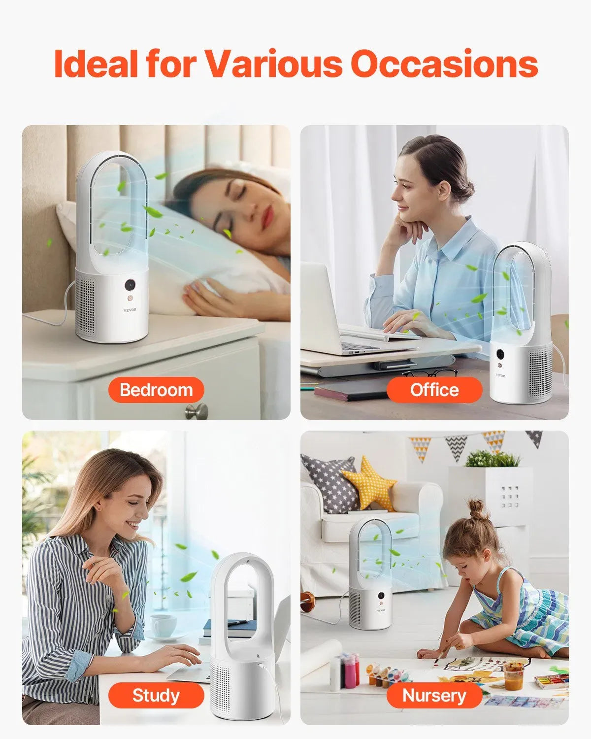 VEVOR Bladeless Desk Fan 12.99in USB Quiet 6 Speed Tower Fan Kids Safe