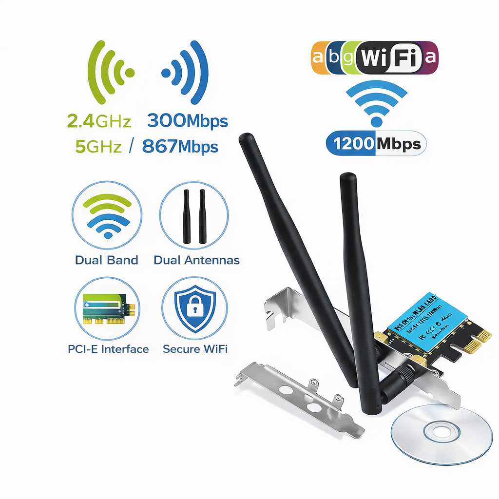 Wireless network adapter with antennas and technical specifications on a white background