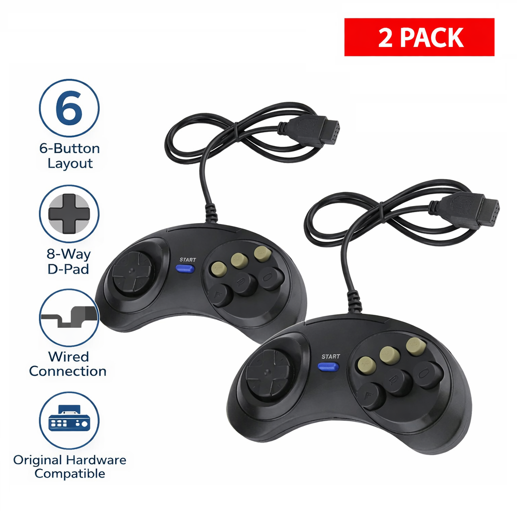 2X 6 Button Game Pad Controller For SEGA Genesis Black Old School Classic New (Copy)