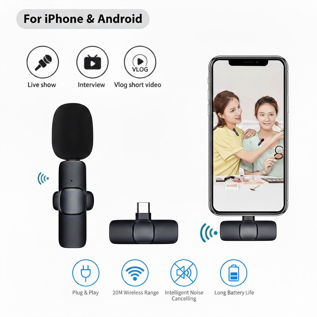 Microphone setup with smartphone and features listed for iPhone and Android compatibility.