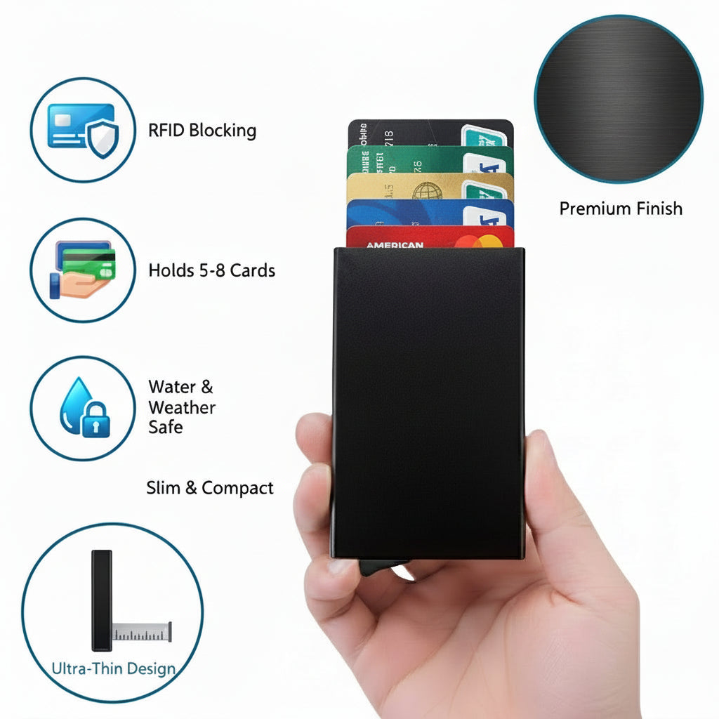 Black cardholder with cards held by a hand, featuring RFID blocking and other features on a white background.