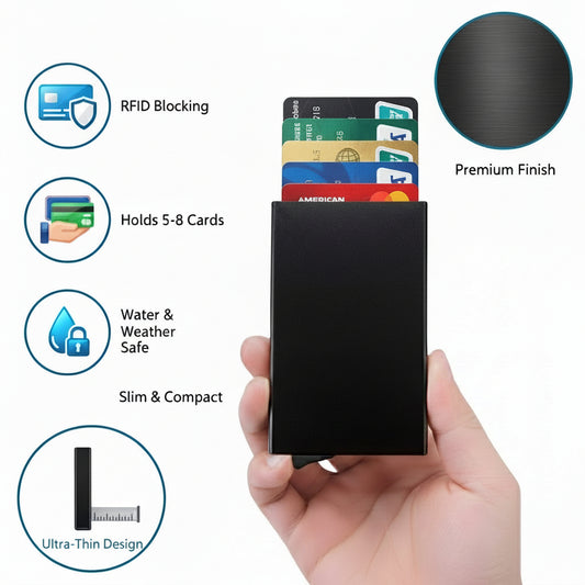 Black cardholder with cards held by a hand, featuring RFID blocking and other features on a white background.