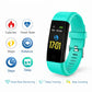 Turquoise fitness tracker with digital display and feature icons on a white background