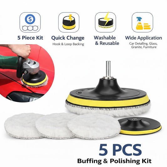 5PCS 6" Buffing Polishing Pad Wool Wheel Mop Kit For Car Polisher Drill Adapter