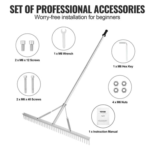 VEVOR Landscape Rake 36in Head Aluminum Lake Weed Rake 75in Long Handle